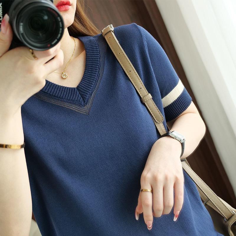 Women's Ice Silk Knitted T-shirt Hollow Out Color Blocked Knitted Shirt Loose Western Style Top