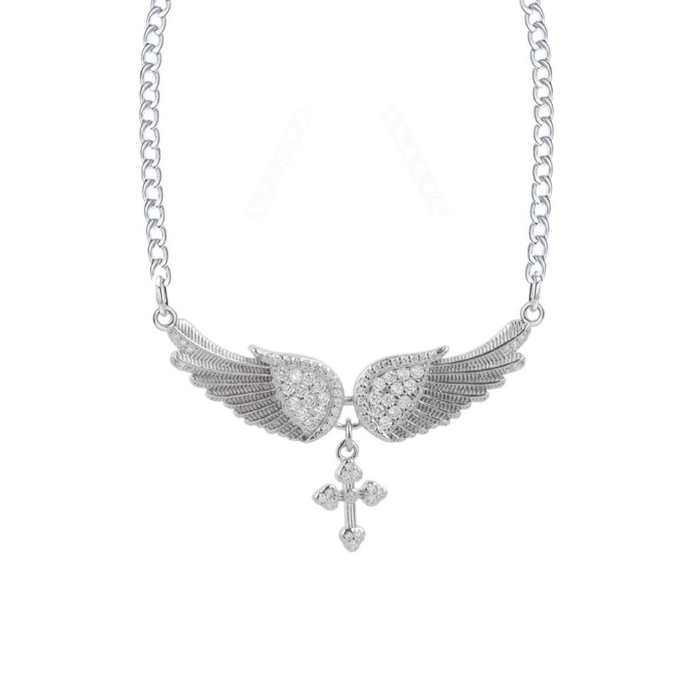 Fashion Angel Wing Inlaid Diamond Cross Clavicle Necklace Pendant For Men Women