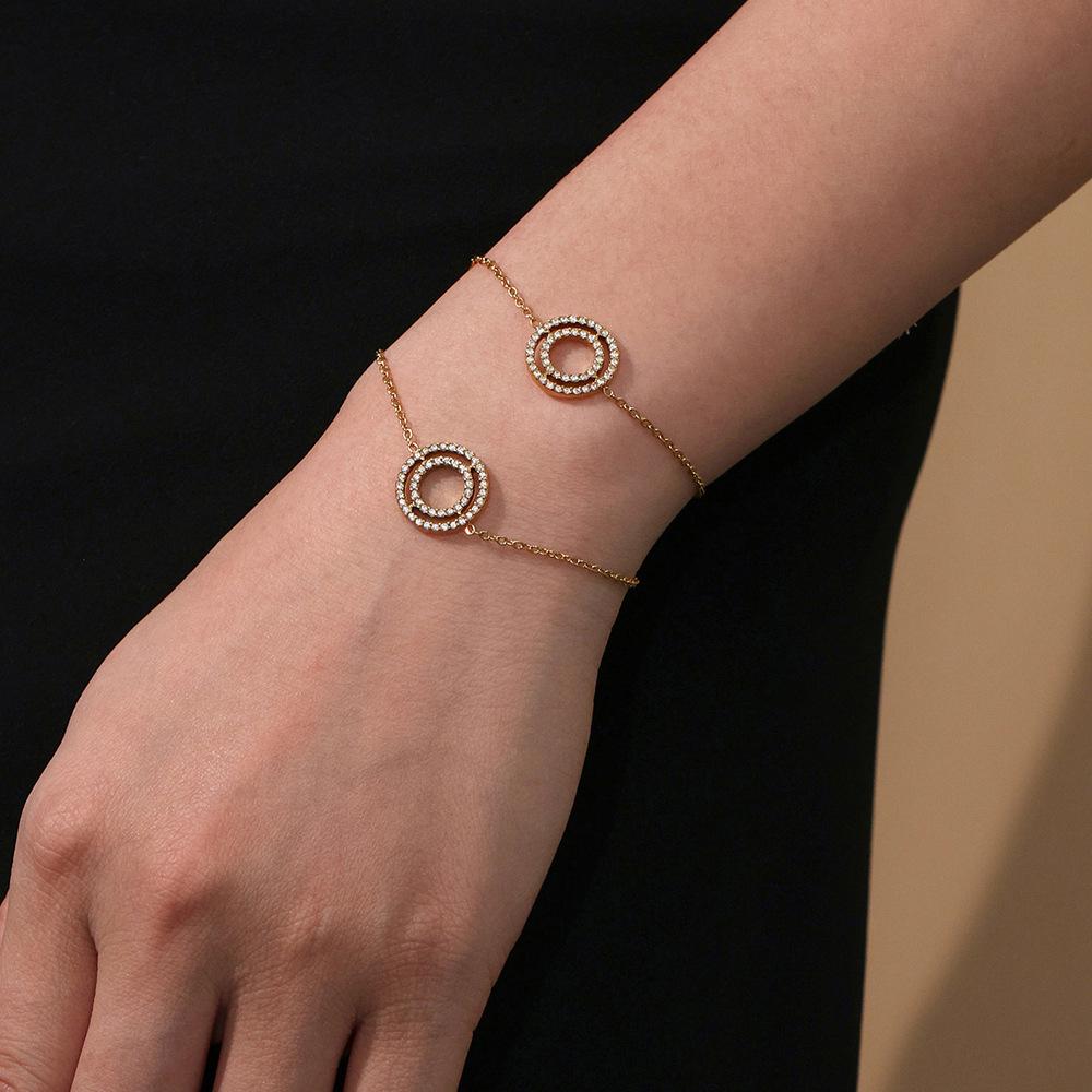 Qiong Yao European Style 18K Gold-Plated Full Diamond Double Ring Necklace & Bracelet Set in High-End Stainless Steel