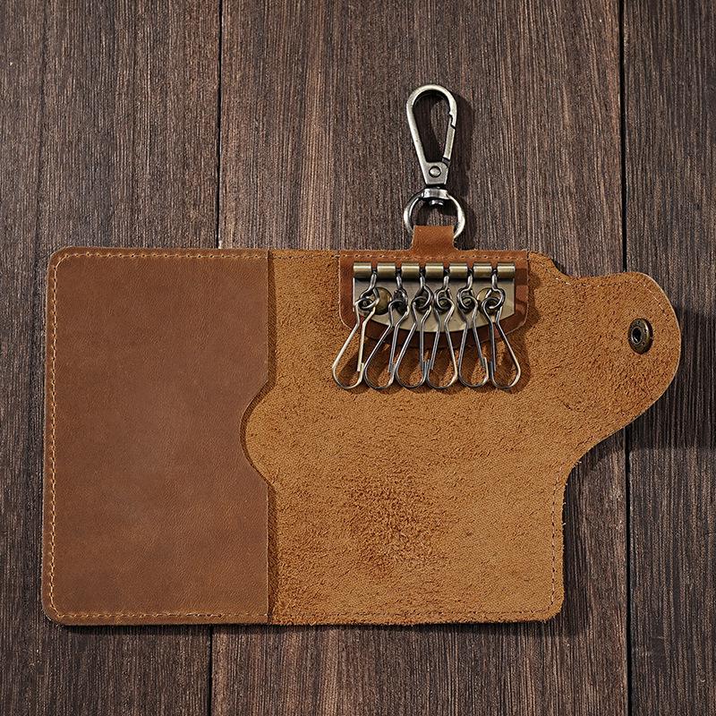 Universal Crazy Horse Leather Key Holder with Card Slot and Waist Buckle for Men and Women