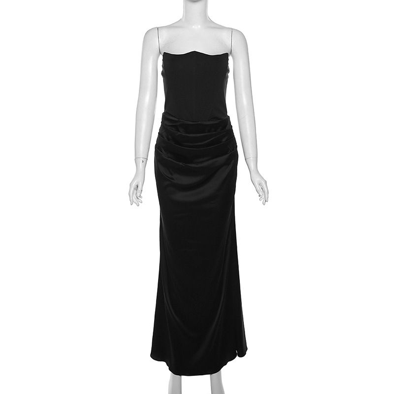 

Zone Sexy Satin Dress Sheath Long Skirt Tube Top Black M