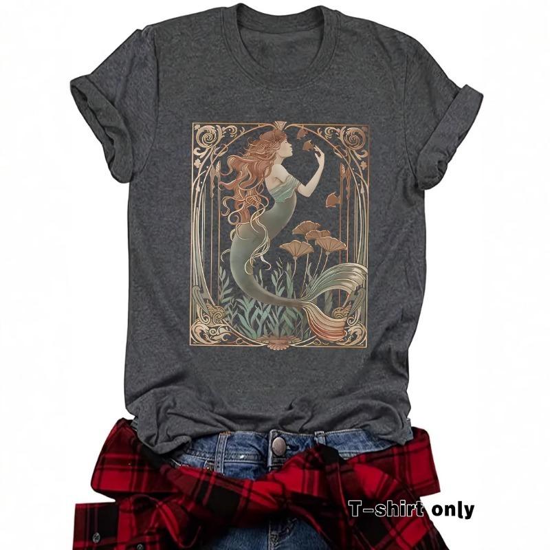 Women's Summer Casual T-shirt Mermaid Pattern Round Neck Short Sleeve Top