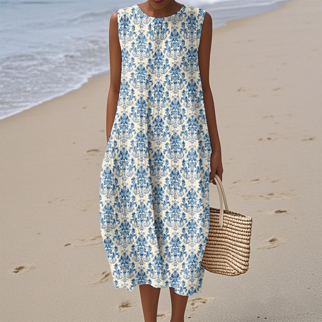 Women's Fashion Casual Sleeveless Round Neck Floral Elegant Temperament Dress