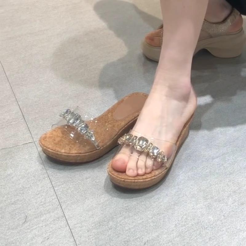 thick-soled slope heel high-heeled rhinestone transparent cool slippers for women's summer wear 2025 new models with skirts and one-word sandals