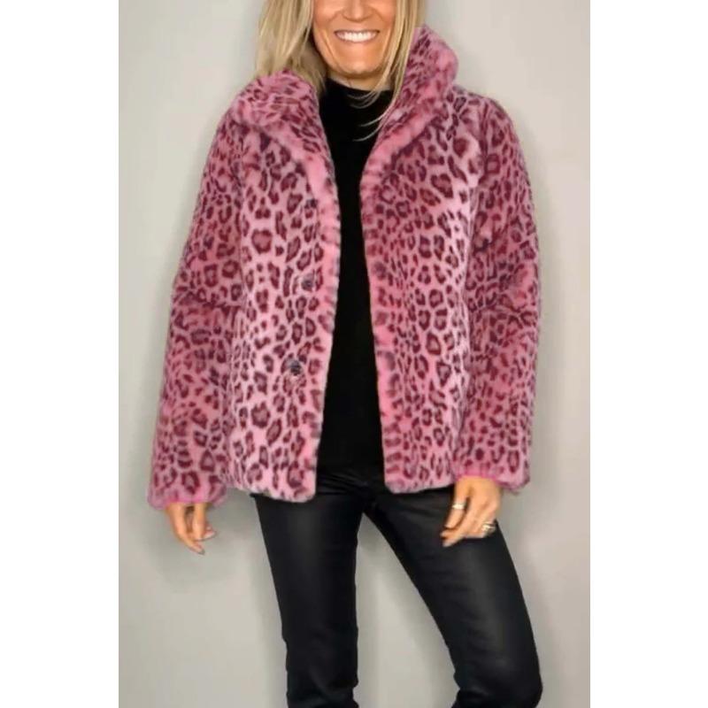 Fashion Leopard Print Turn Down Collar Women Faux Fur Woolen Winter Outer Coat