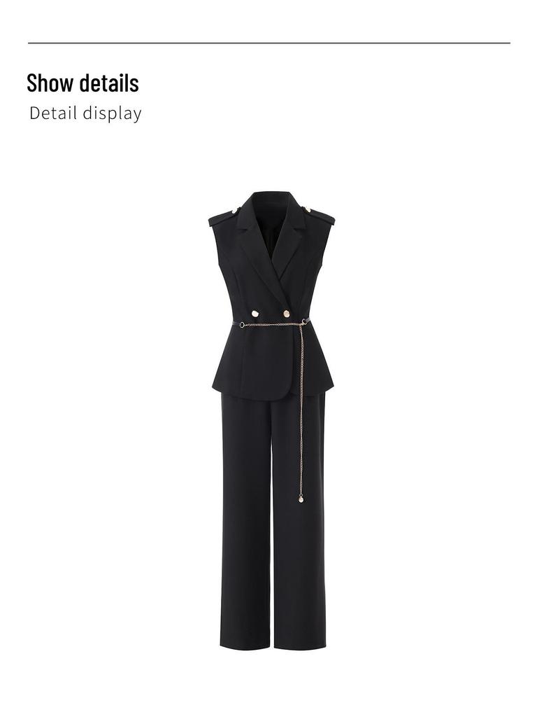 Women's Spring/Summer Age-Defying Suit Set: Waist-Cinched Vest & Draped Wide-Leg Pants.