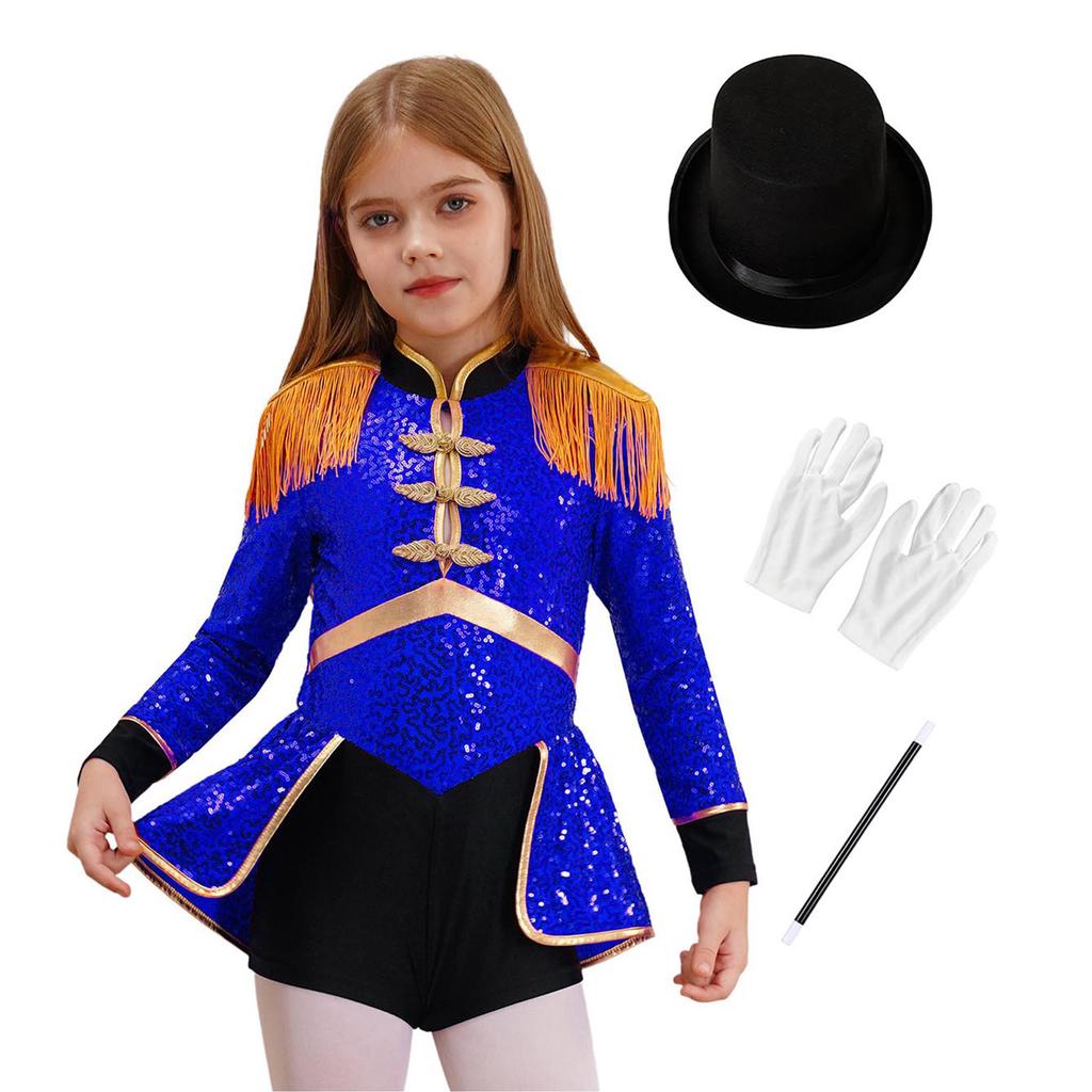 Dívčí kostým Ringmaster Cirkusový kouzelník Bubeník Cosplay Kostým Flitry Body Klobouk Rukavice Hůlka Set Halloweenský kostým