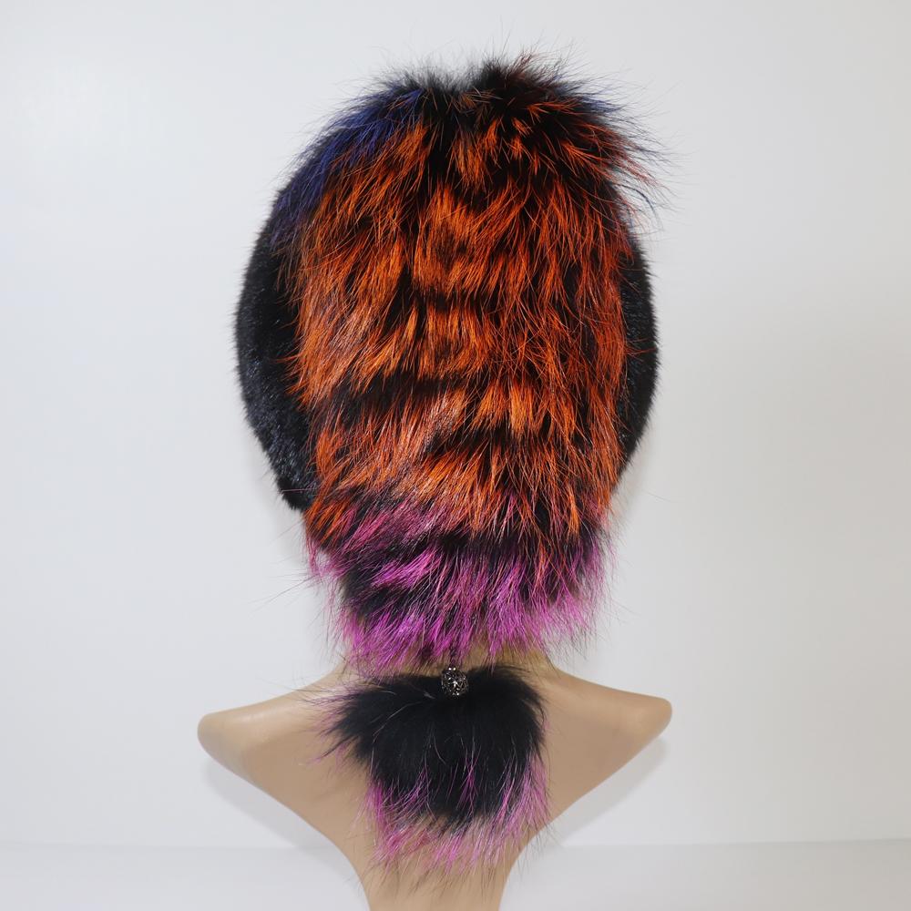 New Women Knitted Real Mink Fur Hat With Fox Tail Luxury Quality Real Mink Fur Cap Lady Winter Warm 100% Real Mink Fur Hats