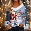 Women's Christmas Print Long Sleeve V-Neck Top with Plush Collar and Patchwork Design