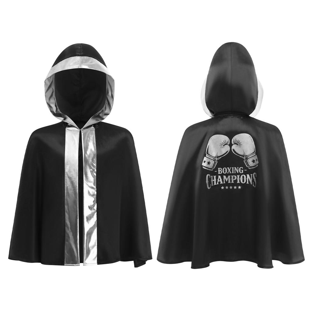 Kids Boys Girls Boxing Costume Halloween Cosplay Cloak Open Front Metallic Trim Letter Printed Back Hooded Boxer Robe