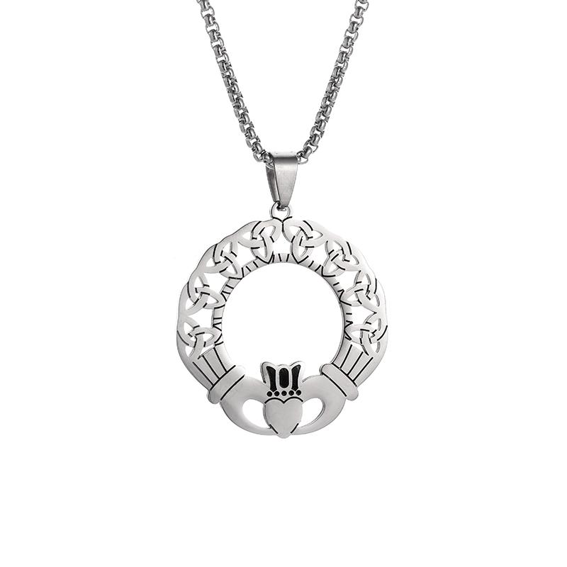 Stainless Steel Celtic Trinity Knot Claddagh Heart Shape Pendant Necklace for Men Women Irish Lucky Amulet Jewelry