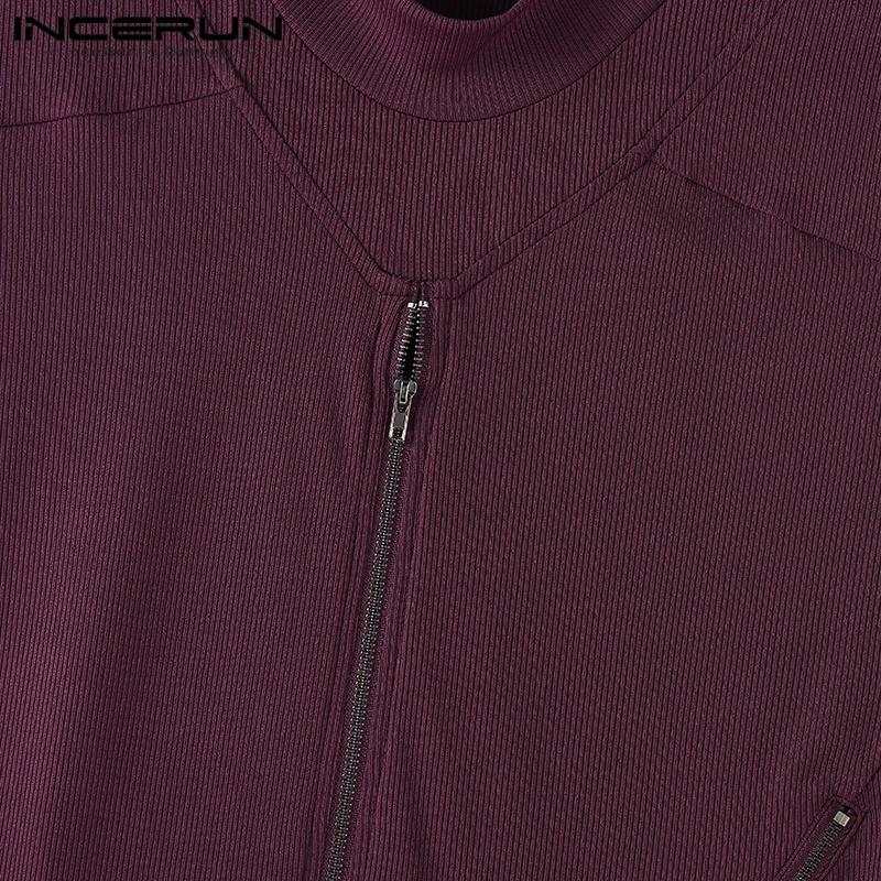 INCERUN Summer Men Mockneck Sleeveless Zipper Up Rib Tank Tops Slim Racerback T-shirts