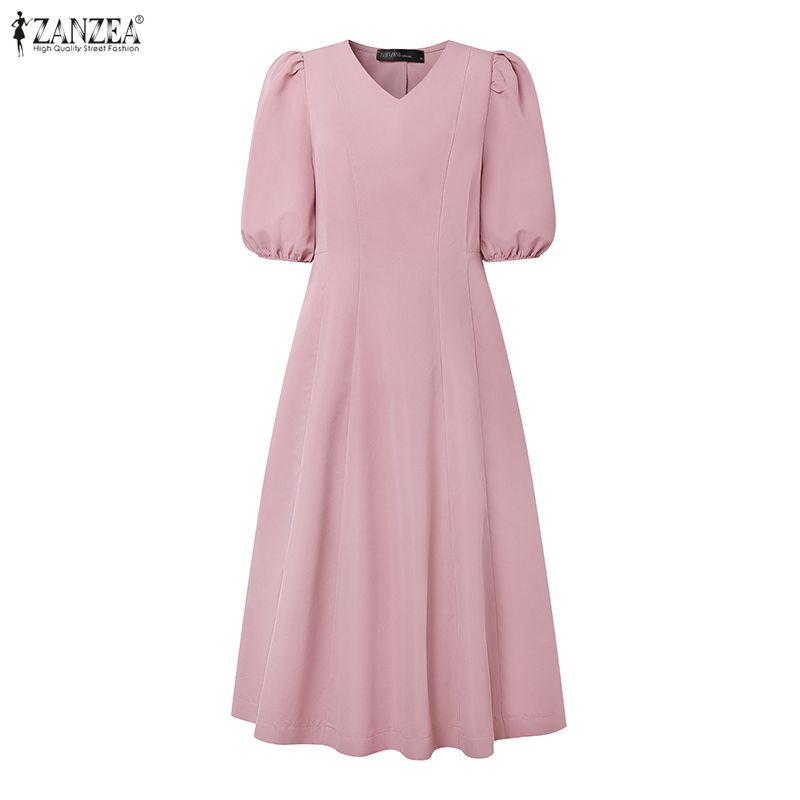 ZANZEA Women V-Neck 3/4 Sleeve Loose Casual Dress