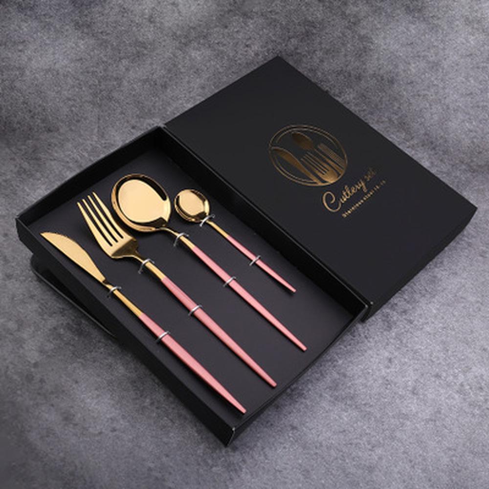 Messer, Gabel und Löffel, Geschenkbox, Edelstahl, Spiegel, Geschirr, Titan, vierteiliges Set aus schwarzem Löffel-Set