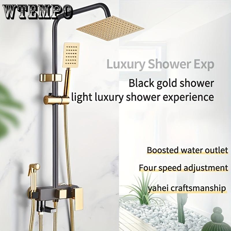 Black & Golden 4-Function Shower Set - Brass, Wall-Mounted with Handheld Spray Head, Dual Shower Heads for Enhanced Pressure