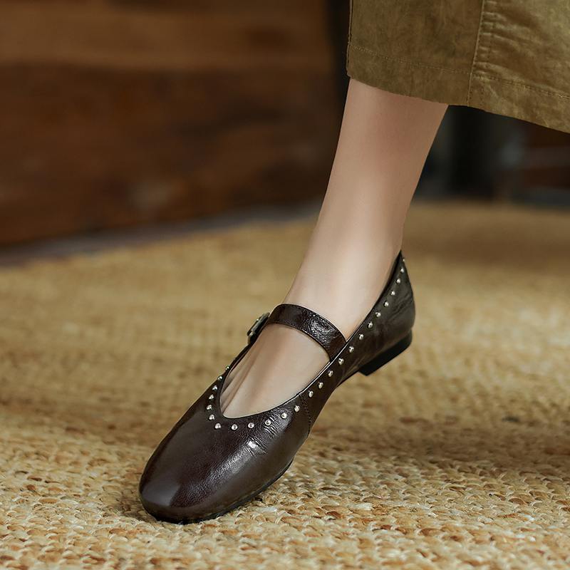 

Krazing Pot Sheepskin Spring Summer Size 41 Thick Low Heels Mary Janes Rivets Women Square Toe Buckle Flats 41 коричневый