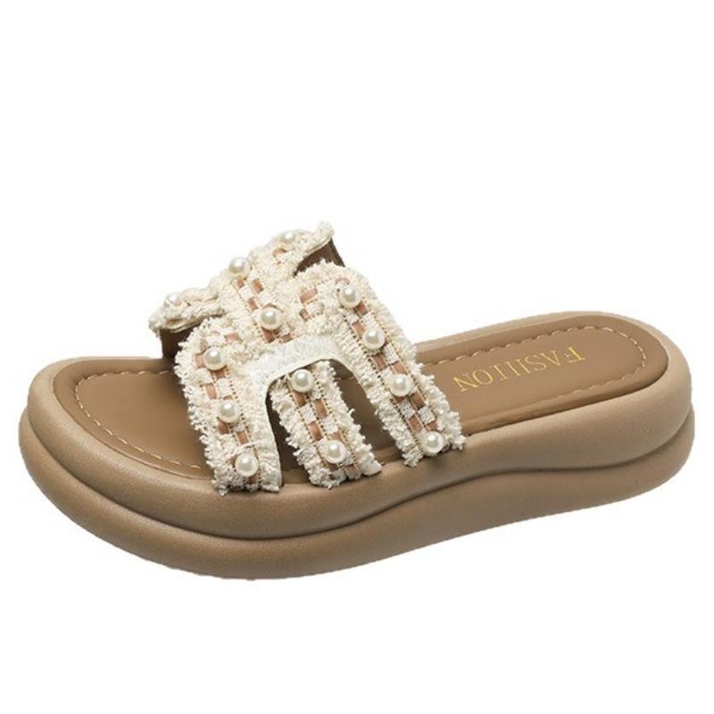 Thick-soled slippers women's summer outer wear with skirts new soft-soled beach pearls heightened one-word cool slippers