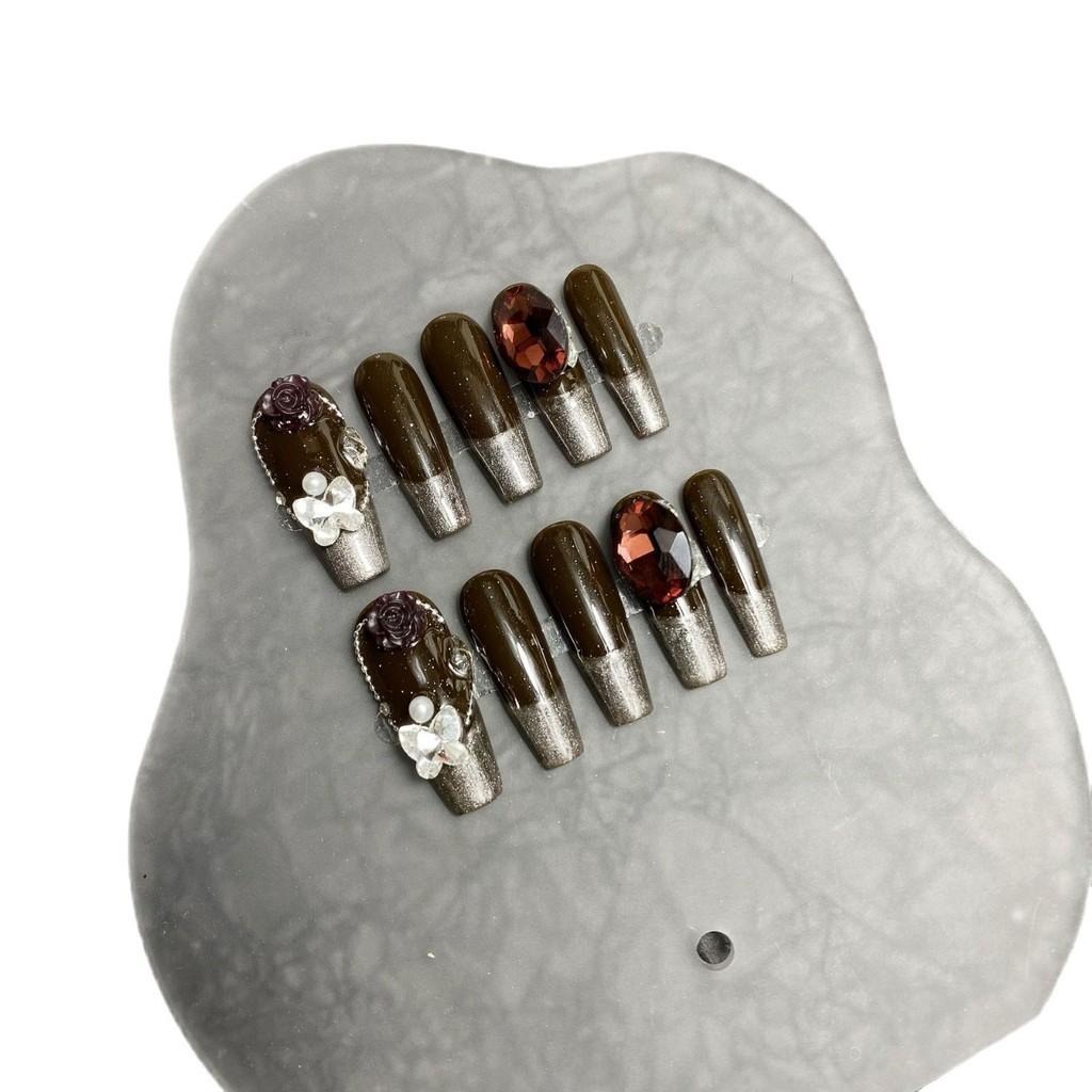 

Искусственные ногти ручной работы, длинные, французский кошачий глаз, карамельный янтарный, ногти для фототерапии, накладные ногти, многоразовые и съемные ногти S