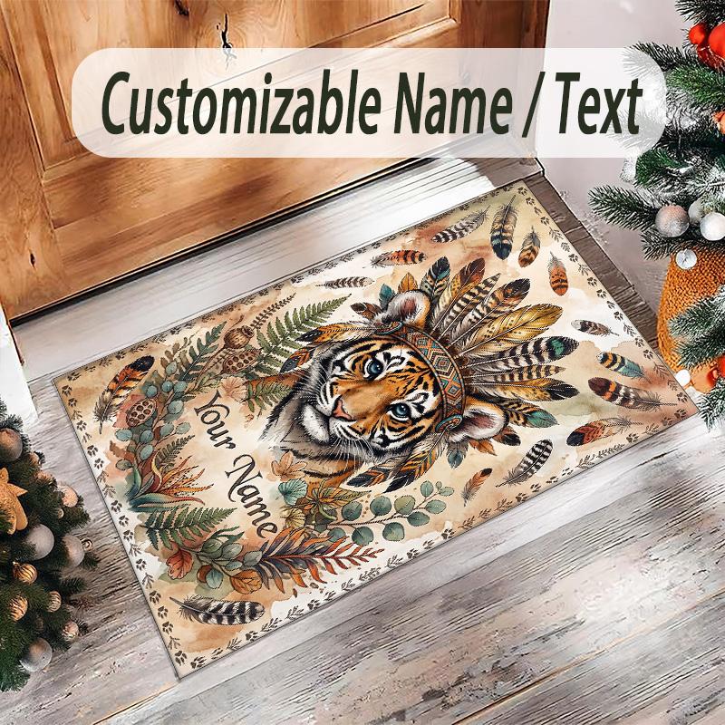 Leopard Theme Crystal Velvet Floor Rug Personalized Custom Name Text Warm Carpet Home Decoration