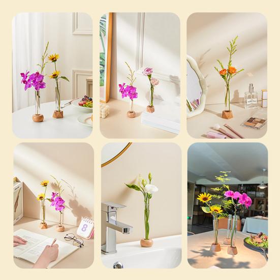 Glass Tube Vase with Wood Base Minimalist Flower Vase Single Stem Flower Vase for Flower Cuttings Home Table Centerpiece Office Desk