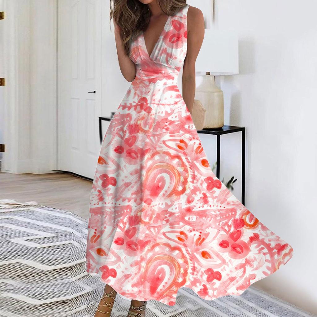 Women's Long Dress Maxi Dress Casual Dress Summer Casual Sleeveless V Neck Boho Waist Retraction Printed Dress