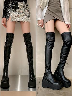 Mode Tempérament Polyvalent Bottes Skinny Au-Dessus du Genou Bout Rond Plateforme Talon Haut Bottes Élastiques pour Femmes Nouveau en Automne et Hiver 2025