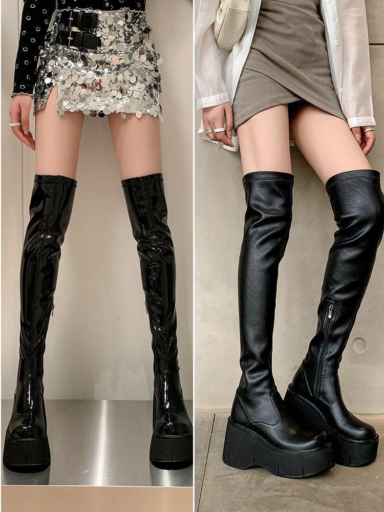 Fashion Versatile Temperament Skinny Over Knee Boots Round Head Platform High Heel Boots Women's Elastic Boots New in Autumn and Winter 2025
