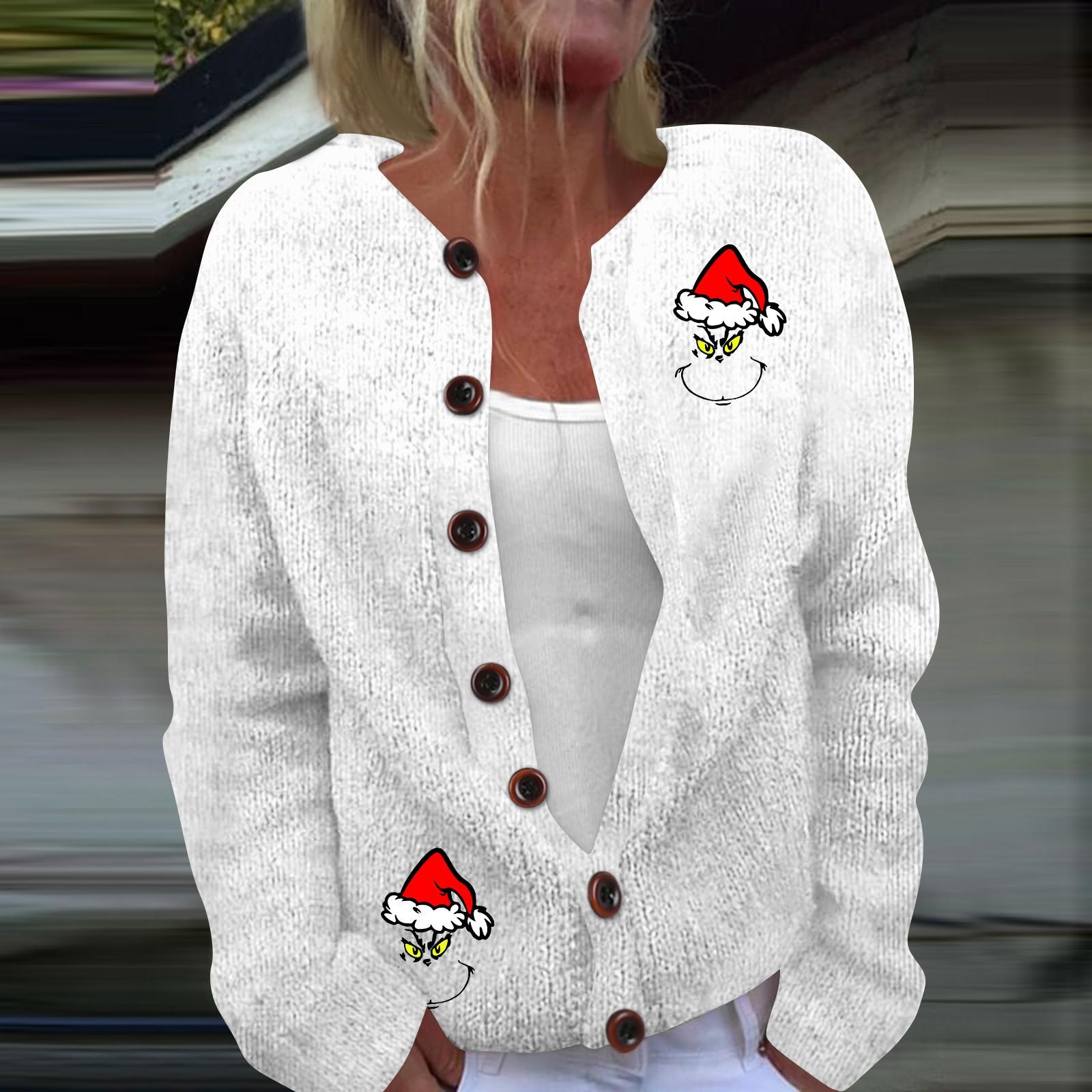 

Женская мода рождественский принт длинный рукав вязаный кардиган пуховик S белый