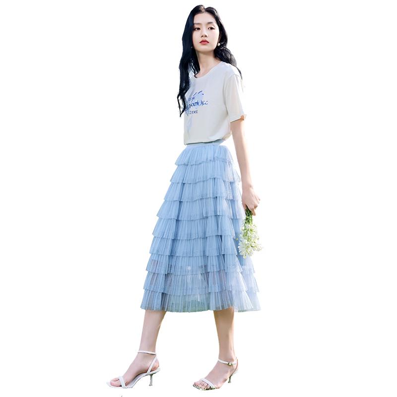 Xiangying Women s Mesh Tiered High-Waist A-Line Skirt S
