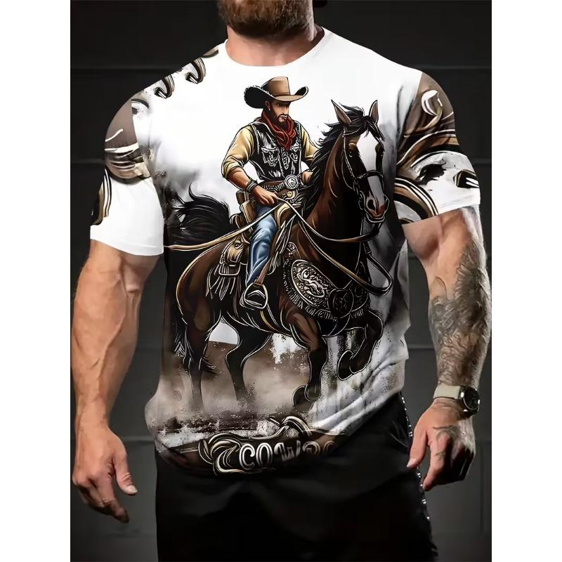 New Men's T-shirts Clothing Fashion Cowboy Printed Short Sleeve T-shirts Tops Summer Breathable Crew Neck T Shirt For Men