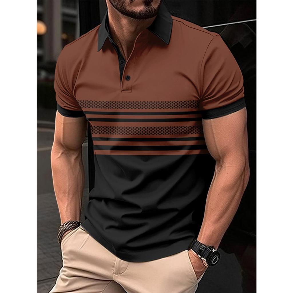 Summer New Men's Daily Sports Casual Stripe Printed Lapel Short Sleeve Pullover Shirt