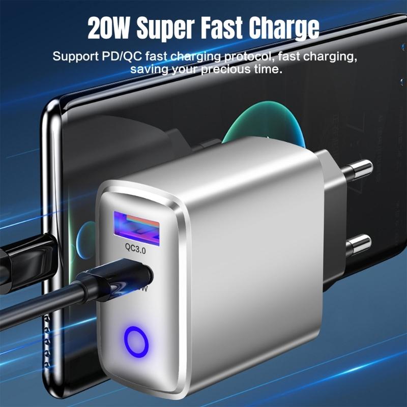 European Plugs USB C Fast Charger 20W Builts In LED Charging Status Light Portable Design For Multiple Devices Use