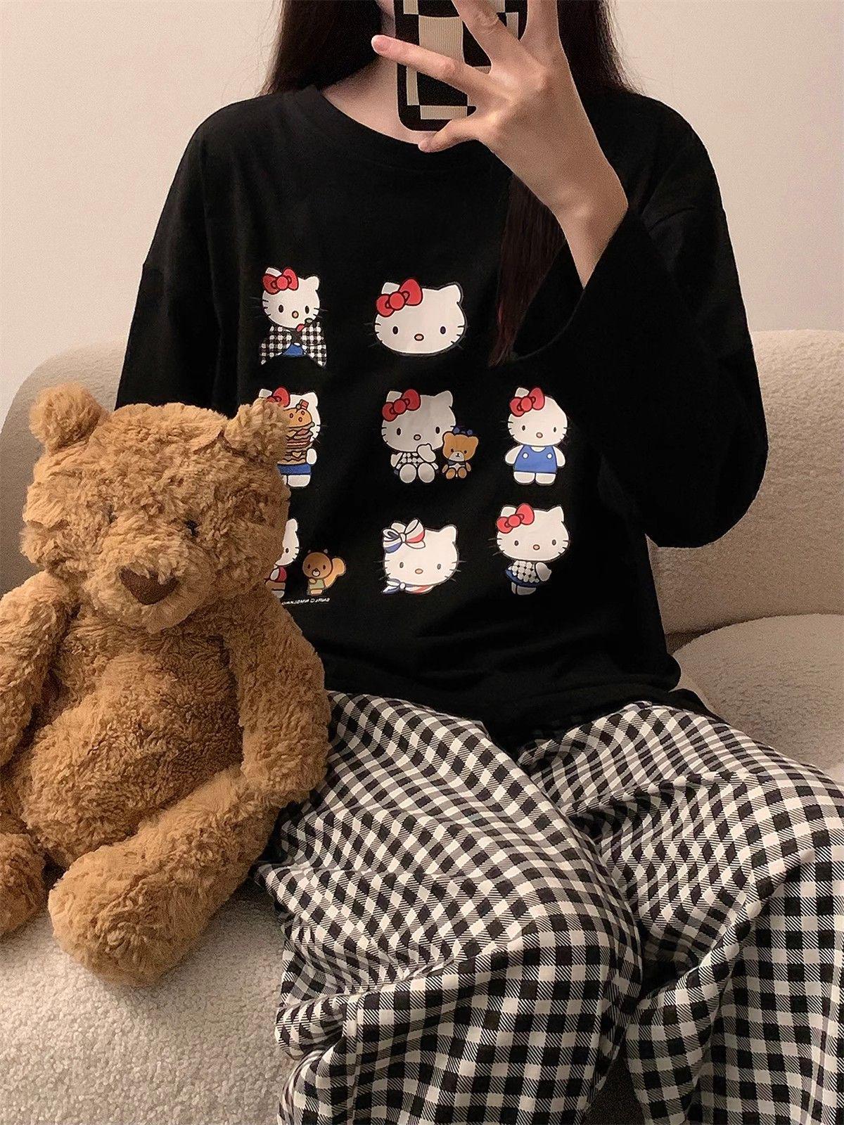 

Пижамный комплект Hello Kitty в розовую клетку: Топ с длинным рукавом и брюки на осень/зиму XX-Large
