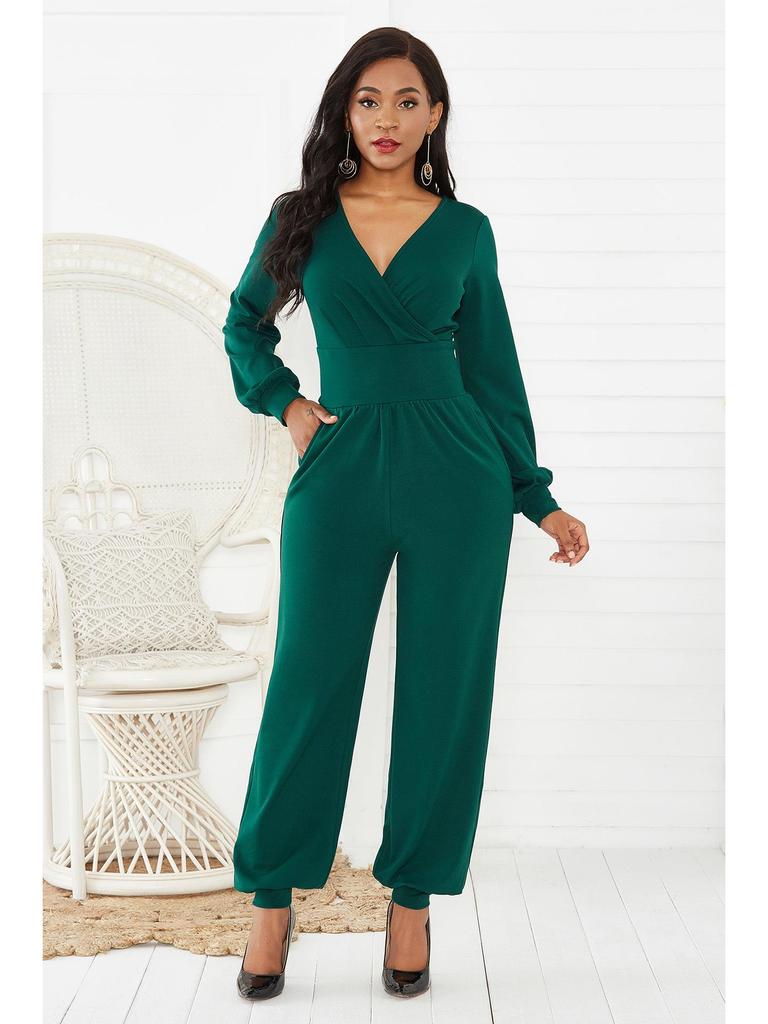 V-Ausschnitt Laternenärmel Weites Bein Jumpsuit für Damen - Herbst/Winter Mode