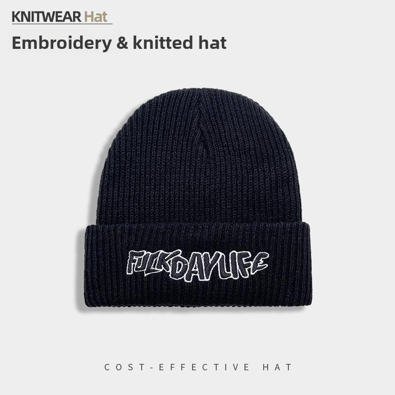 Letter Embroidered Knitted Hat For Men Winter Street Style F Windproof Knitted Cap чёрный
