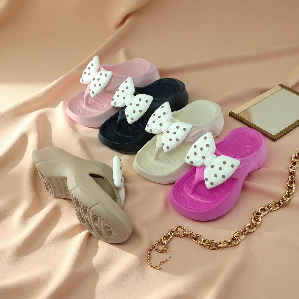 Women's Summer Polka Dot Bow Tie Sandals - Fashionable Thick Sole EVA Flip-Flops