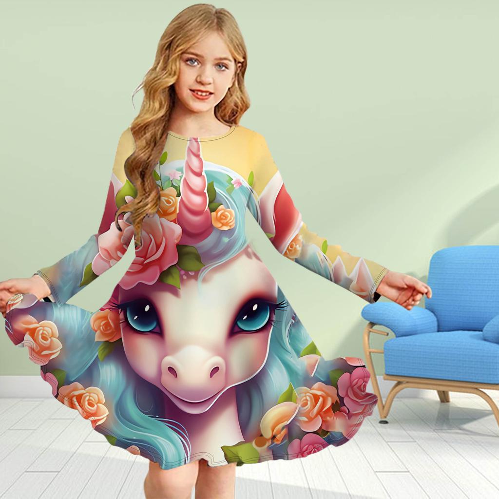 Mädchen Casual 3D Druck rotes Einhorn Rundhals Langarm Kleid Kind Prinzessin Kleid