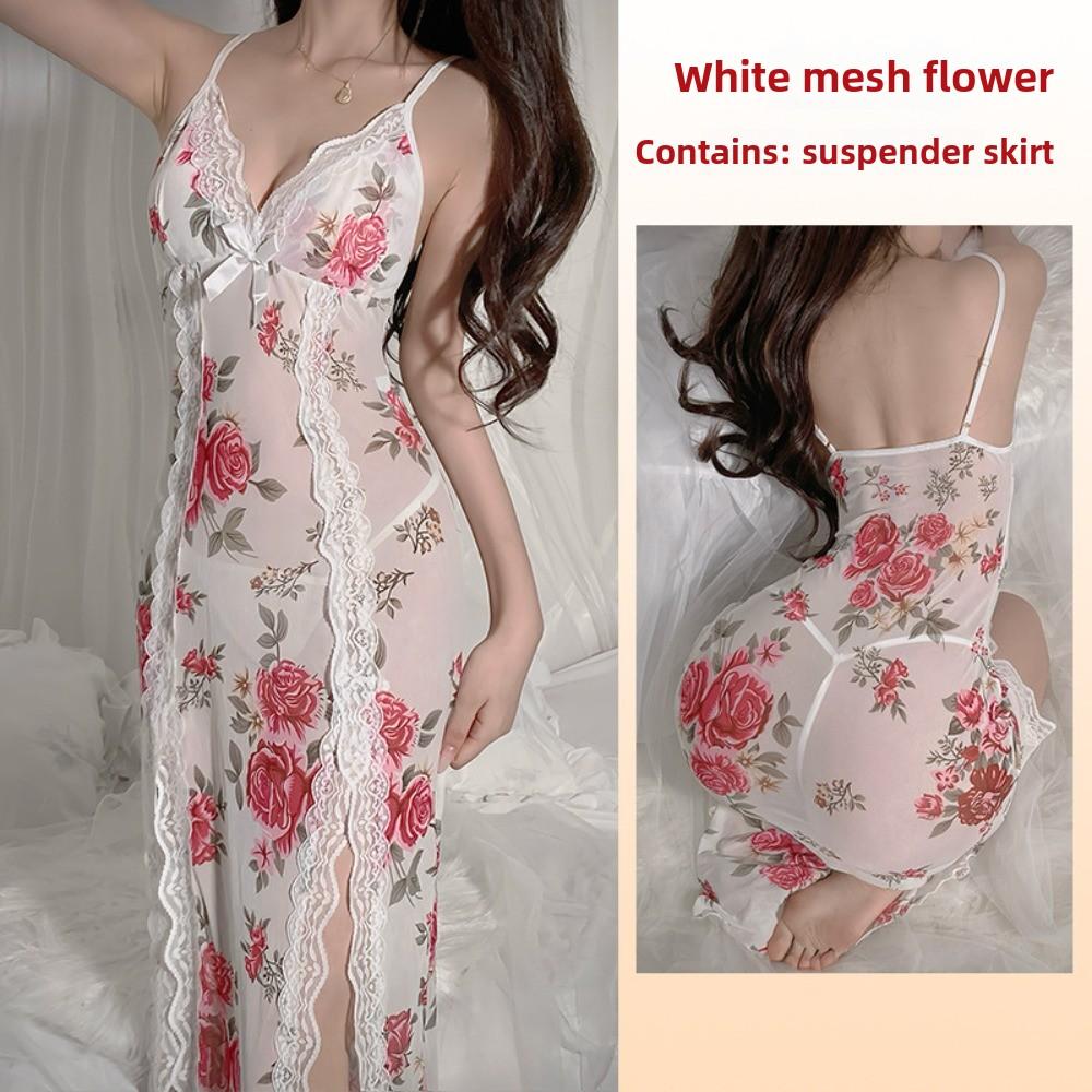 Sexy Mesh Deep V Lace Pajamas Side Split Suspender Skirt Extended Loungewear Pajamas