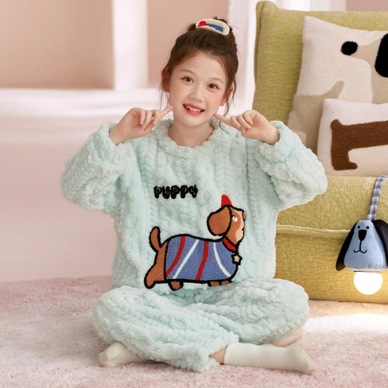 Girls Winter Coral Fleece Pajama Set Thick Warm Sleepwear Ages 8 Cartoon Animal Print Home Outfit