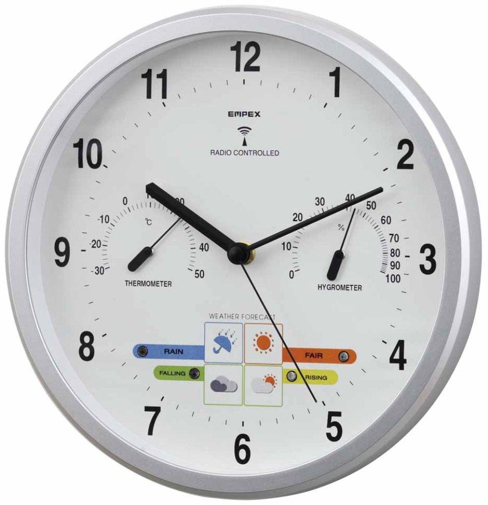 

Empex Weather Meter Temperature and Hygrometer Weather Pal Radio Clock with Weather Forecast Function for Wall Hanging Made in Japan Shine Silver
