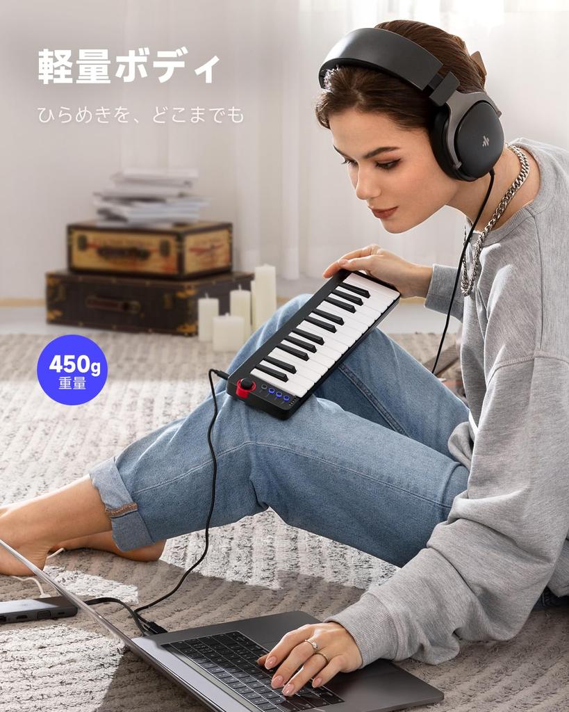 Donner MIDI Keyboard, 25 Keys, USB Controller, Mini Keyboard, Compact, Velocity Sensitive, Music Production, Japanese Instruction Manual, Black N-25