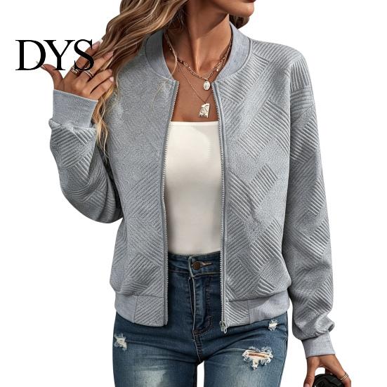 Comfortable Women Workwear Fall Winter Zip-Up Jacket, Solid Color Long Sleeve Casual Jacket Outwear, Round Neck Autumn Coat with Ribbed Collar