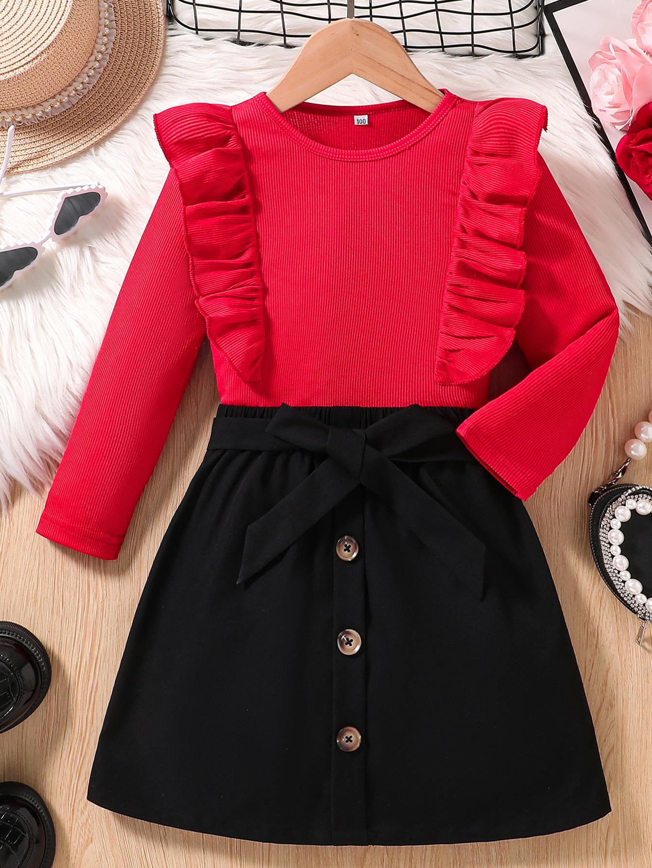 

Модный красный костюм для девочек 2025 года, летний детский сладкий костюм 130cm красный