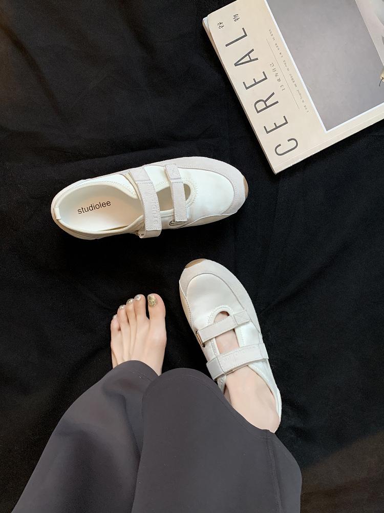 Sheepskin version~ Korean version of Velcro Mary Jane shoes women's color matching casual ballet shoes niche inner height increase flat shoes