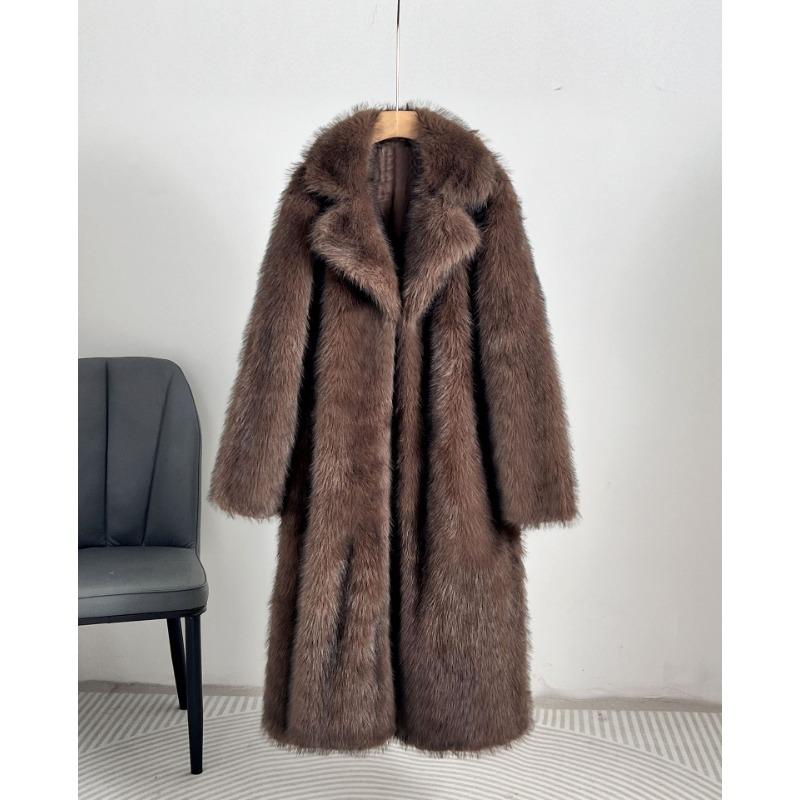 Winter Women's Faux Fur Long Coat Lapel Warm Thickened Overcoat