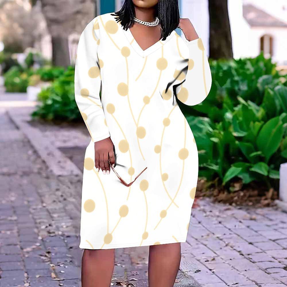 Women s Plus Size V Neck Long Sleeve Printed White Beige Fitted Midi Dress