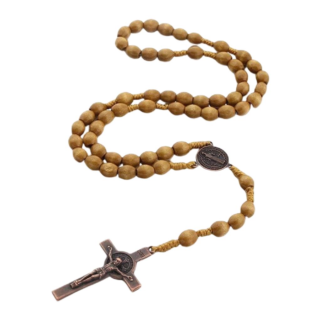 Wooden Rosary Beads Necklace with Cross Pendant Religious Prayer Beads Catholic Rosary Chain with Metal Medals and Crucifix Pendant