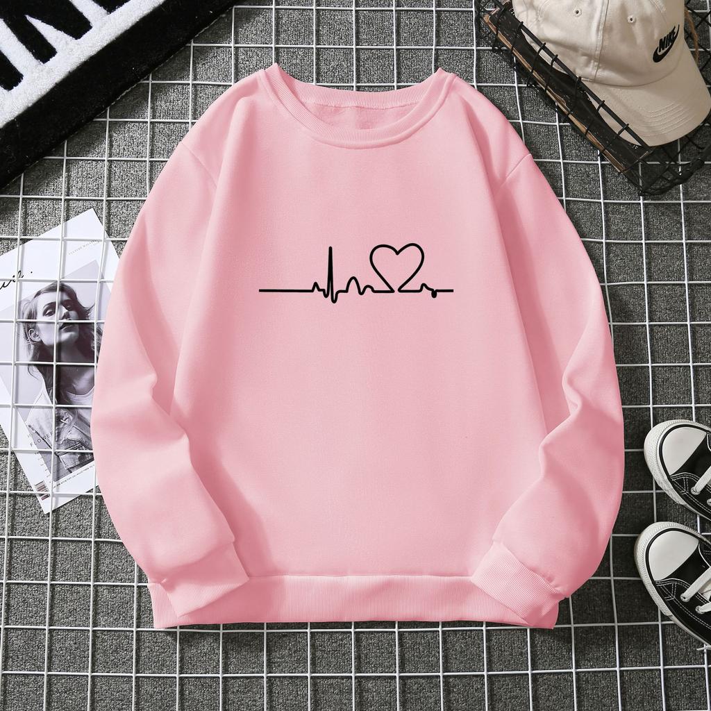 Autumn Winter Ladies Heartbeat Print Sweatshirt Student Pattern Plush Hooded Women Long Sleeve Pullover Hoodie