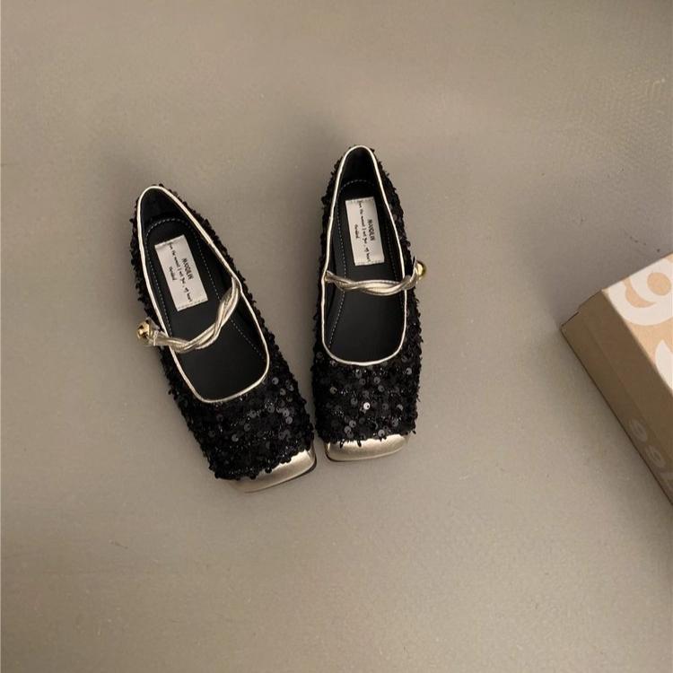 French Sequined Silver Baotou Half Slippers Spring and Summer Small Fragrance Temperament Mary Jane Single Shoes Flat Muller Shoes