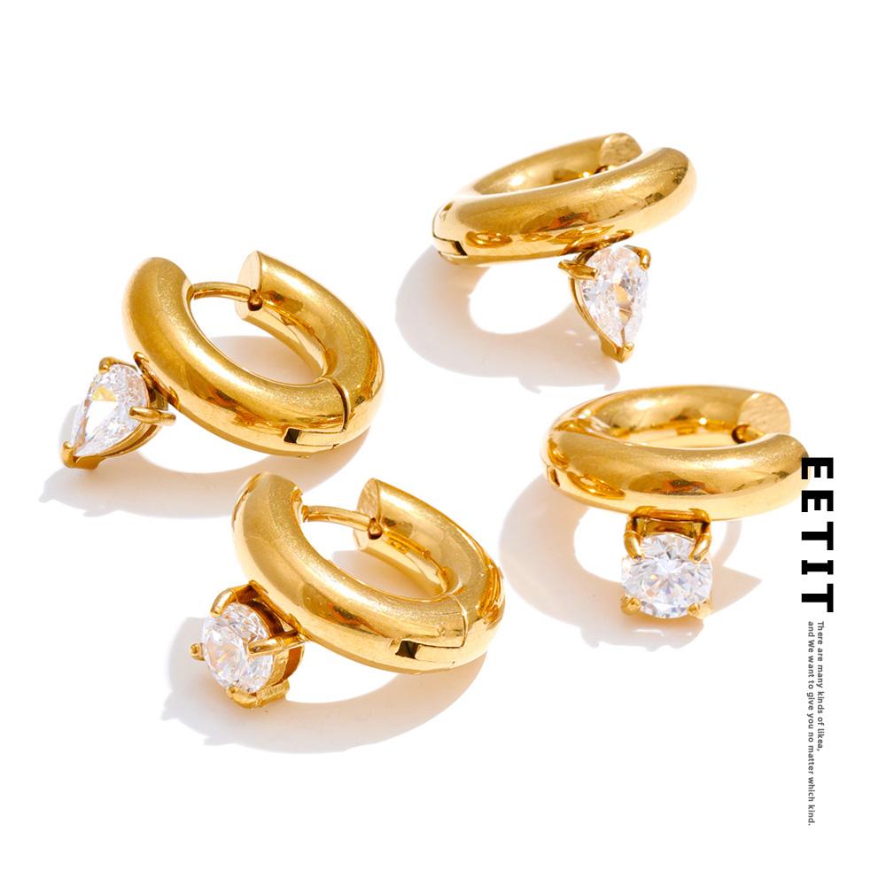 Eetit  Cubic Zirconia Round Water Drop Hoop Earrings 18K Golden Plated Stainless Steel Daily Wear Popular Jewelry 2025 Waterproof